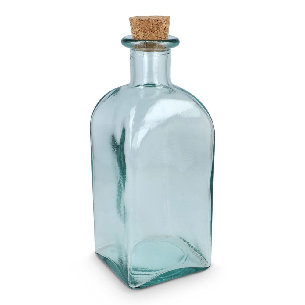 InSideOut Vierkante Gerecycled glas Waterfles ReuuZ met kurkstop 1L