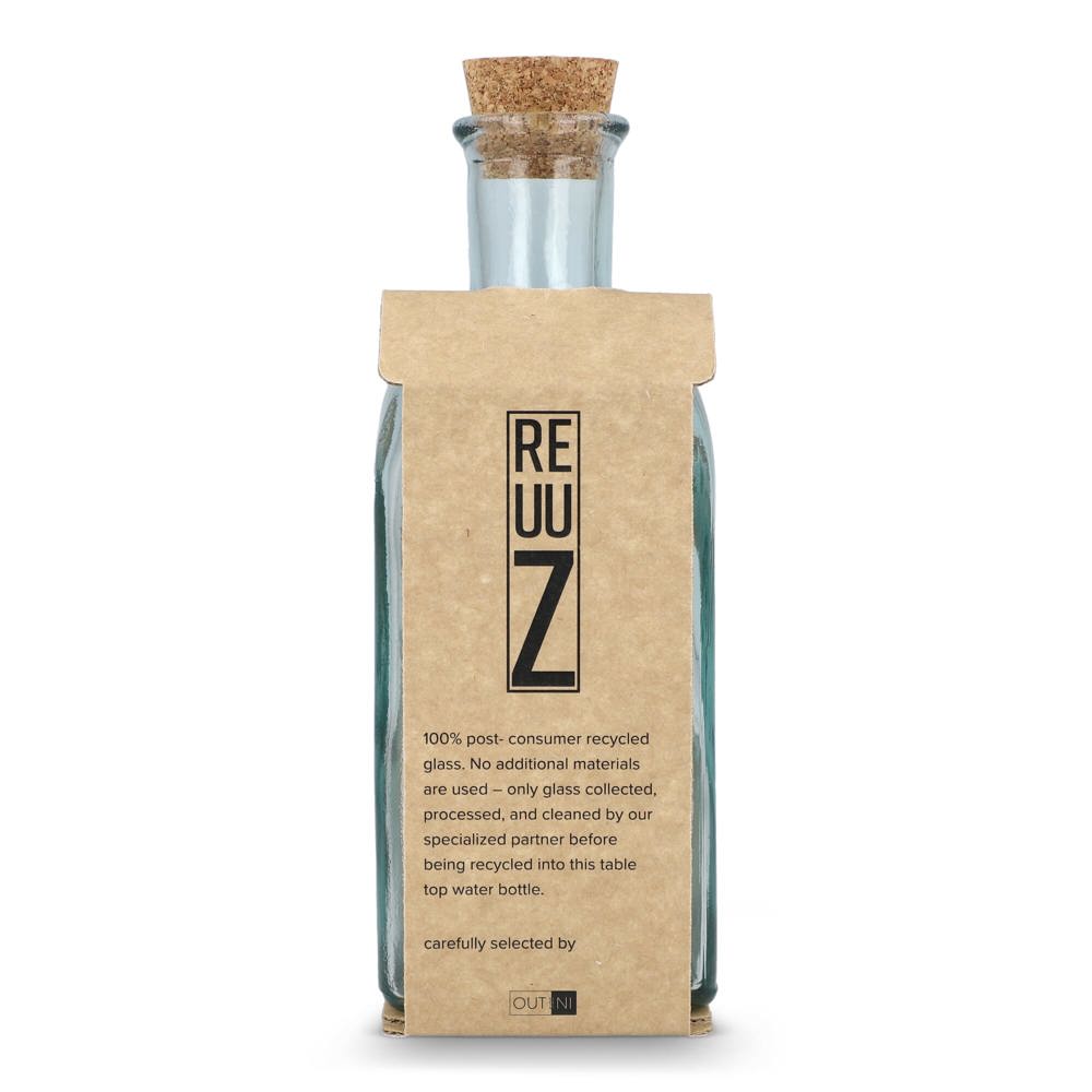 InSideOut Vierkante Gerecycled glas Waterfles ReuuZ met kurkstop 500ml