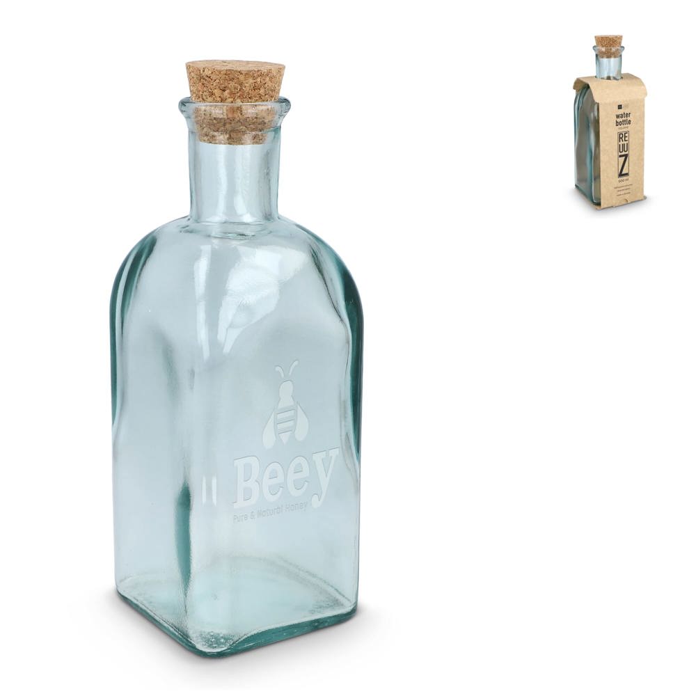 InSideOut Vierkante Gerecycled glas Waterfles ReuuZ met kurkstop 500ml