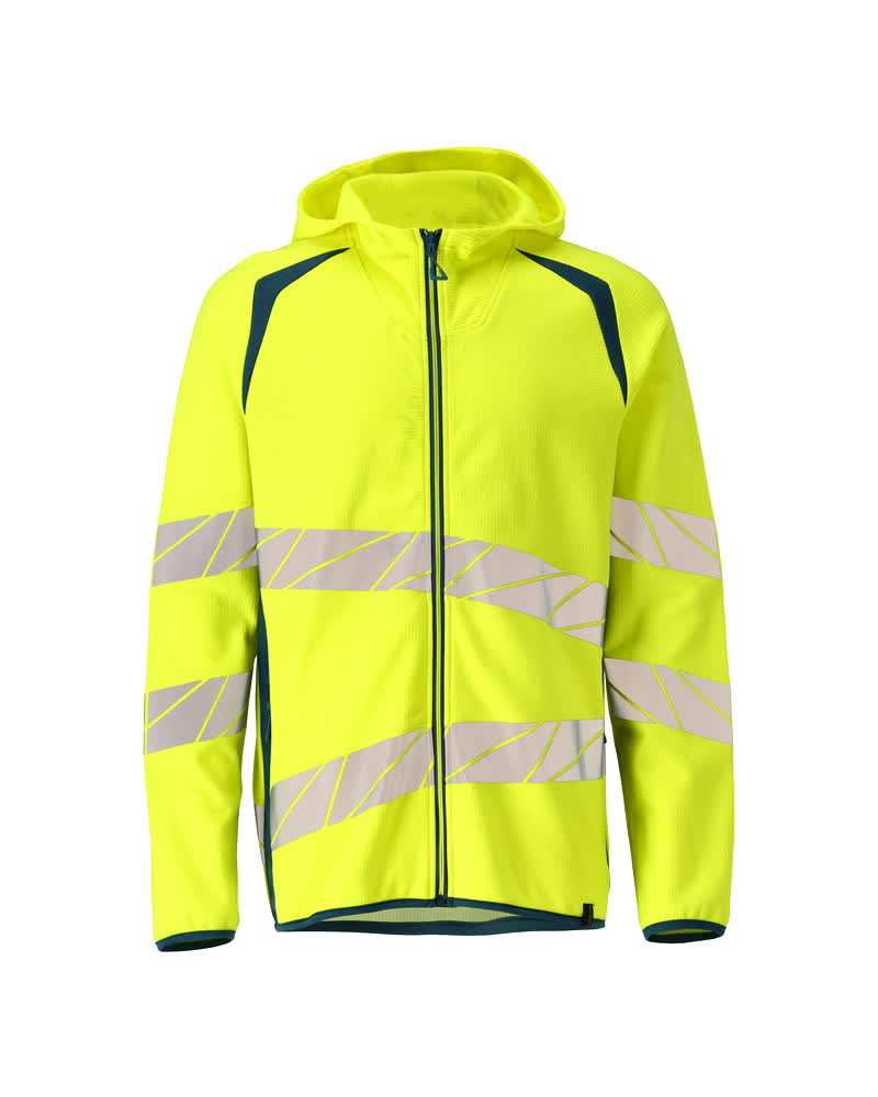 Capuchontrui met rits - hi-vis geel/donkerpetrol