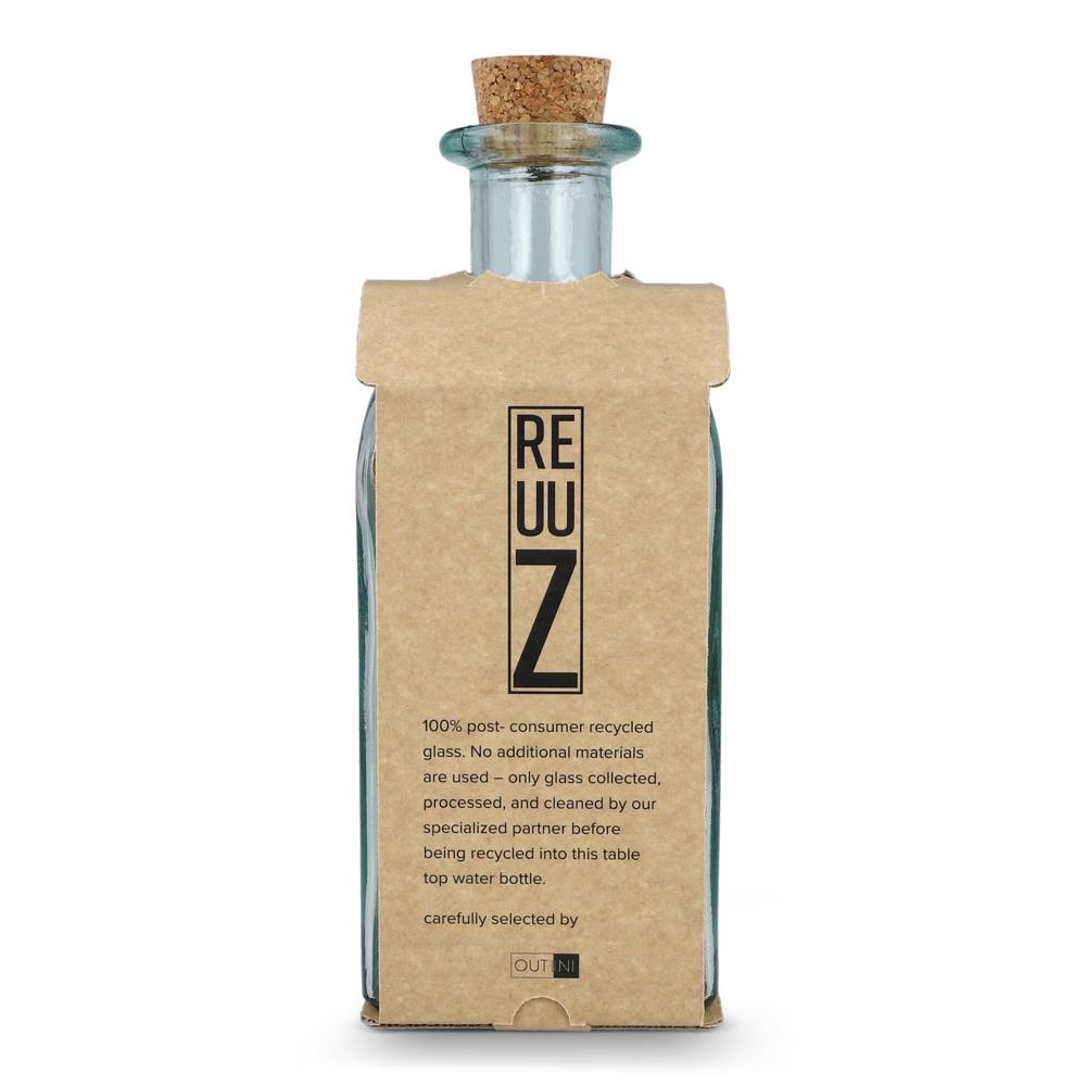 InSideOut Vierkante Gerecycled glas Waterfles ReuuZ met kurkstop 1L