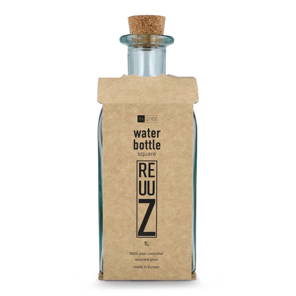 InSideOut Vierkante Gerecycled glas Waterfles ReuuZ met kurkstop 1L