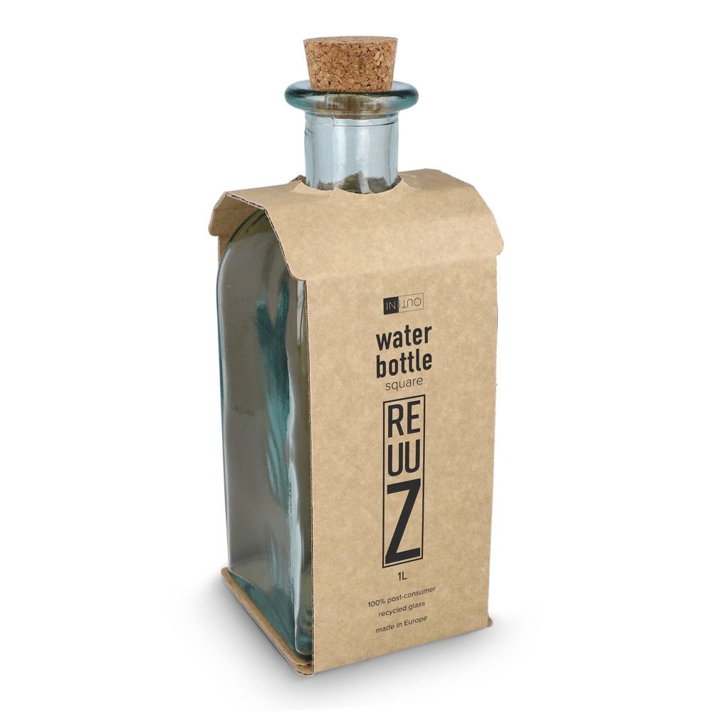 InSideOut Vierkante Gerecycled glas Waterfles ReuuZ met kurkstop 1L